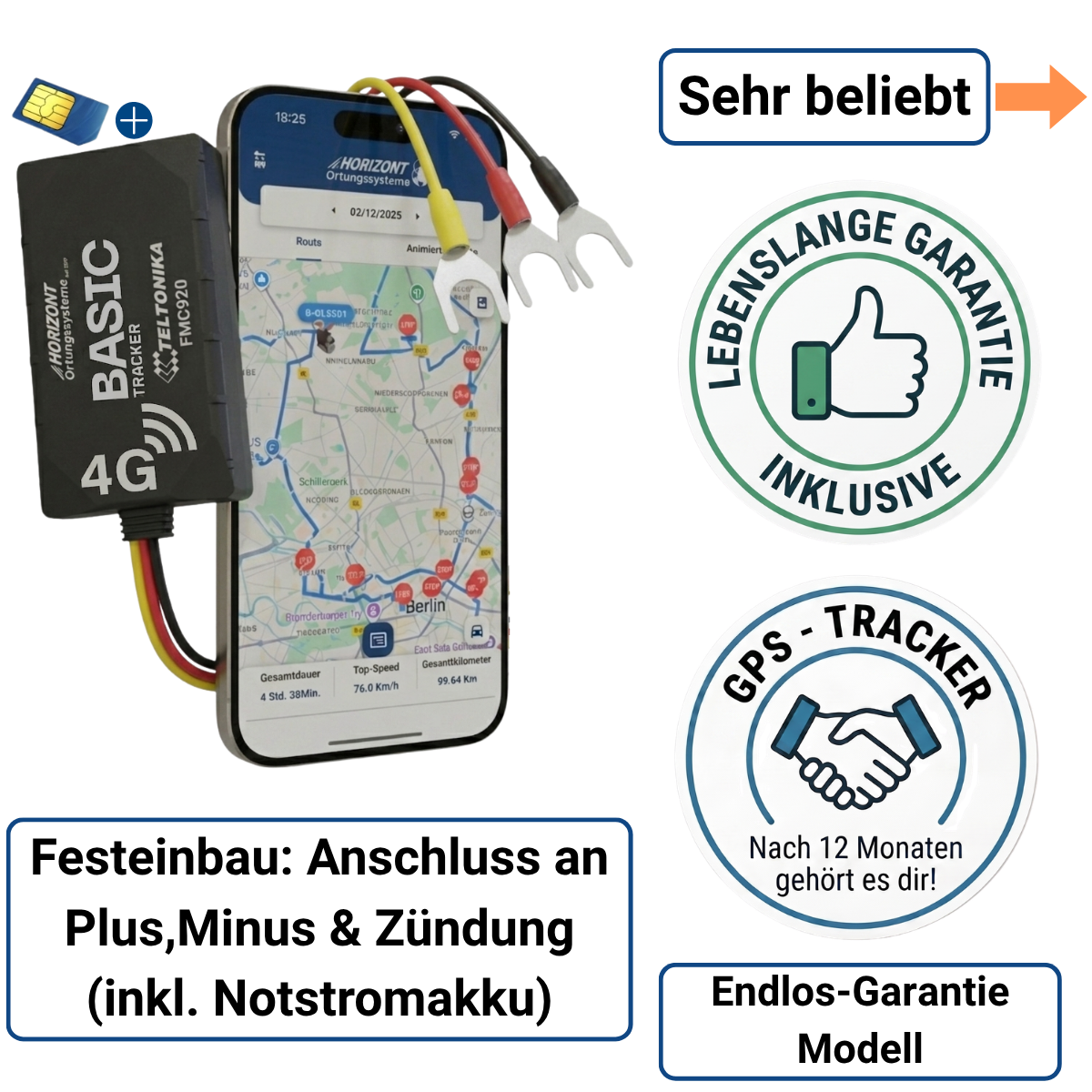 GPS Tracker Auto im Endlos Garantie Modell nutzen | 4G Festeinbau für Flotten - GPS Tracker für Fahrzeuge