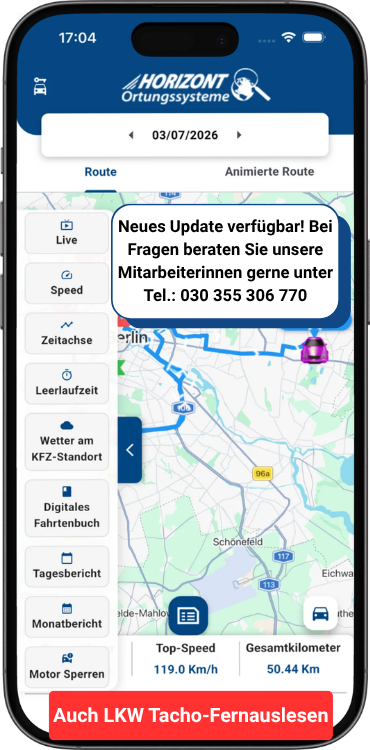 App-Ansicht mit erweiterten Funktionen des Fahrzeugortungssystems